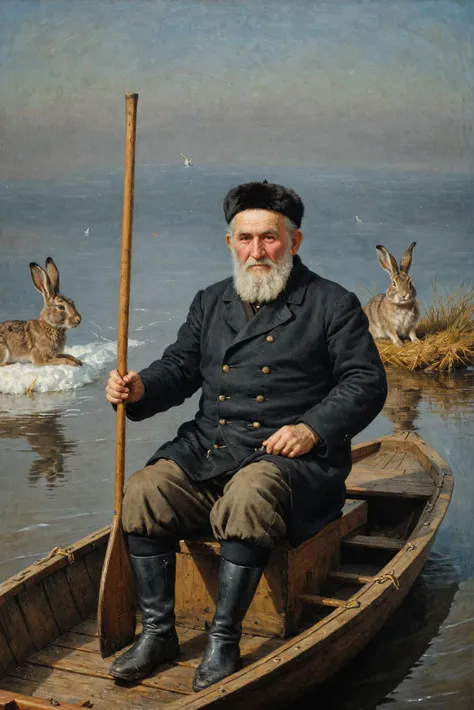 An russian old man siting in a boat with hares, hares in hands, (buttoned up coat:0.6), (black fur hat:0.6), Wellingtons, full body, oars,
oil on canvas, (ivan aivazovsky:0.1),
<lora:ClassipeintXL1.9:0.3>, (best quality, high resolution, extreme detail, outstanding composition, masterpiece:1.4),