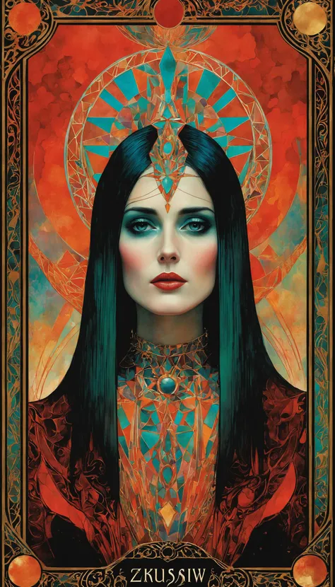 Art Deco style Tarot card with retro illustration of a vagina of a Eva Green in ((Zdzislaw beksinski)) style, border, oil paint, paint, high detailed, warm colors, . geometric shapes, bold colors, luxurious, elegant, decorative, symmetrical, ornate, detailed