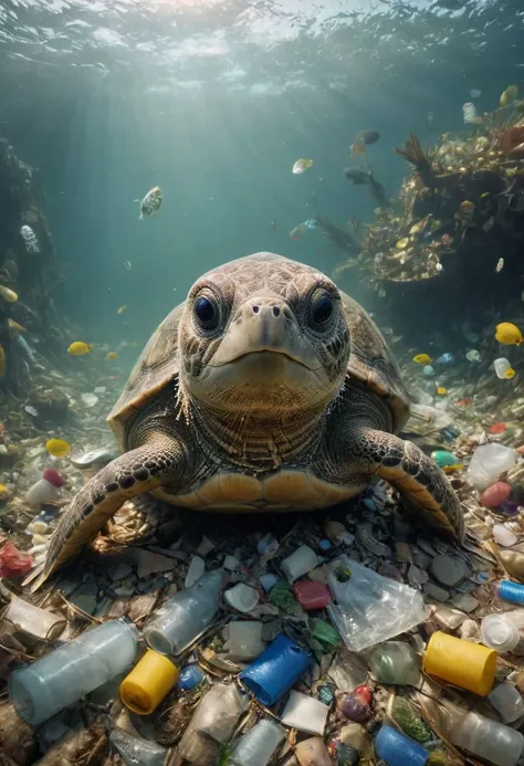 amazing quality, masterpiece, best quality, hyper detailed, ultra detailed, UHD, perfect anatomy, portrait, dof, hyper-realism, majestic, awesome, inspiring, Captured in the midst of a serene swim, this adorable sea turtle basks in the tranquility of its natural habitat midst colorful trash. However, a stark reality unfolds as the river it calls home is marred by pollution, trash and debris. This poignant image serves as a stark reminder of the urgent need to protect our waterways and preserve the delicate ecosystems they support. #WildlifeInCrisis #ProtectOurRivers, cinematic composition, soft shadows, national geographic style