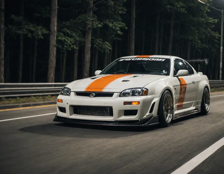 cinematic photo of tuned Nissan, JDM, perfect lighting, vibrant, high detailed, epic, movie still, motion blur, film grain