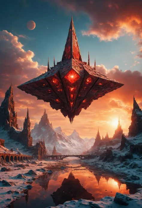 Large landscape photography, a large origami spaceship sailing in space around a frozen planet is attacked by enemy rockets, .sunset, red.ancient ruined city, bridges, dip, apocalypse. God's rays.puddle, the fog, the mystical light, professional photography, natural lighting, volumetric lighting maximalist. intricately detailed, complex, elegant, expansive, fantastical