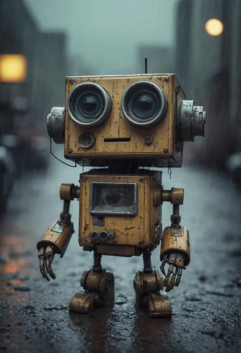 Small robot, cute robot, rectangular body, treaded wheels, compact head, expressive binocular-like eyes, sad and curious appearance, heartbreaking, cute, heavy rain, very sad, lonely, lost place, cyberpunk, desaturated, vibrant colors, dramatic lighting, desaturated background, bokeh, dark theme, soothing tones, depth of field, dramatic backlighting, film grain,