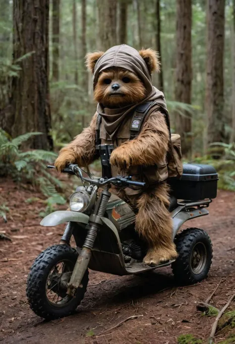 A full body photo of an Ewok on Endor, it's carrying an Uzi and riding an ATV, 
It looks cute and adorable yet fierce at the same time, The Ewok equivalent of Rambo, funny, 
highest quality, exceptional accuracy and realism,