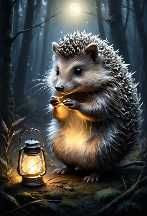 Midjourney, Midjourney style, realism, cinematic quality, Pastel, close-up, High-Angle Shot, A small hedgehog standing alone in a dark, misty forest. The hedgehog is covered in spiky needles and holds a small glowing lantern in its right paw, which illuminates its surroundings. The hedgehog has wide, round black eyes with a gentle, innocent expression. Its tiny legs and arms are barely visible under the thick coat of needles. The overall atmosphere is mysterious and melancholic, with soft, diffused lighting. The foggy background creates a sense of depth and isolation, with dark, indistinct trees barely visible in the distance