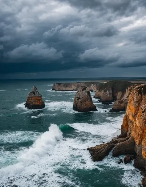 extremely detailed photo of a perfect coastline, cliffs and rocks, waves, cloudy weather
