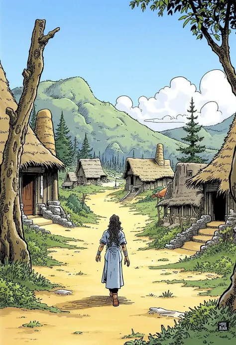 A woman strolls through a peaceful sci-fi village. By Loisel