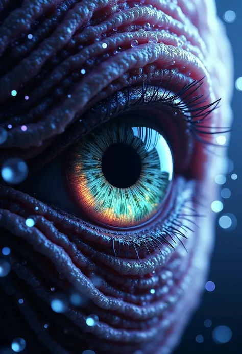 A masterpiece of (alien king) style. The main objects are sliced at intervals along a diagonal, with each interval featuring a different material: the first material is wood chips, the remaining materials are those that the main object would originally have.Imagine a close-up, almost macro shot of an alien king's eye in perfect focus, surrounded by swirling, iridescent nebula-like patterns that mimic the colors found on other planets. The background is a deep space field, but instead of stars and galaxies, it’s filled with soft, luminous hues of violet, blue, and green, resembling a celestial aurora. The eye itself is not human; it features multiple irises, each in different shades and patterns, reflecting complex emotions or thought processes. The cornea glows softly, casting an almost holographic shimmer that seems to pulse gently with every blink. The eyelids are translucent, revealing layers of intricate details within the alien anatomy.The space around the eye is filled with wispy, flowing tendrils that seem to be made of light and energy, undulating and morphing in a mesmerizing dance. These tendrils occasionally reveal glimpses of otherworldly structures or landscapes, giving an idea of the king's vast dominion beyond this single image.The lighting is soft but directional, creating deep shadows that add dimension and depth to the eye, making it appear both powerful and enigmatic. HD32K, hyperdetailed, best quality, aidmaMJ6.1.