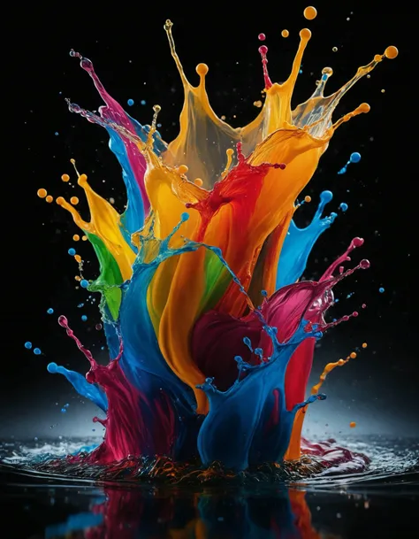 high detailed cinematic photo, breathtaking, splash of colorful liquids, perfect lighting, dark shot