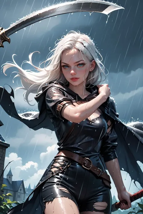 1woman, white hair, long hair, evil demonic necromancer, wielding a scythe, dark medieval fantasy setting, magic in the air, black hooded cloak over torn clothing, <lora:Rain (pony) v1:1> heavy-rain, rain, wet, cloudy, dark, wet clothes, wet hair, cowboy shot,, score_9, score_8_up, score_7_up, score_6_up, score_5_up, score_4_up, <lora:040790P:0.4> 040790P, woman, 24 years old,