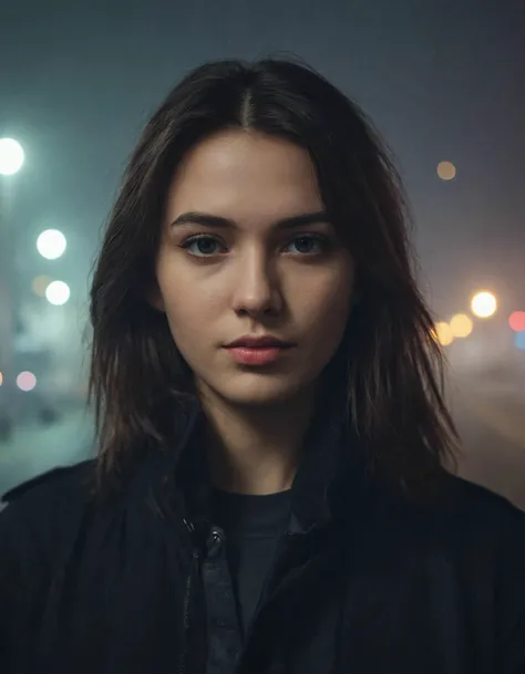 city street, neon, fog, volumetric, closeup portrait photo of young woman in dark clothes