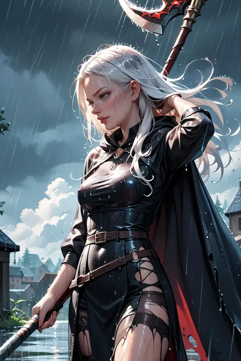 1woman, white hair, long hair, evil demonic necromancer, wielding a scythe, dark medieval fantasy setting, magic in the air, black hooded cloak over torn clothing, <lora:Rain (pony) v1:1> heavy-rain, rain, wet, cloudy, dark, wet clothes, wet hair, cowboy shot,, score_9, score_8_up, score_7_up, score_6_up, score_5_up, score_4_up, <lora:040790P:0.4> 040790P, woman, 24 years old,