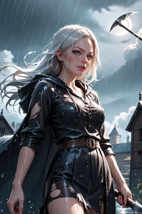 1woman, white hair, long hair, evil demonic necromancer, wielding a scythe, dark medieval fantasy setting, magic in the air, black hooded cloak over torn clothing, <lora:Rain (pony) v1:1> heavy-rain, rain, wet, cloudy, dark, wet clothes, wet hair, cowboy shot,, score_9, score_8_up, score_7_up, score_6_up, score_5_up, score_4_up, <lora:040790P:0.4> 040790P, woman, 24 years old,