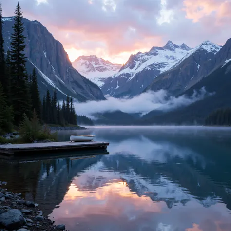 Generate an image of a peaceful, crystal-clear mountain lake at sunrise, with mist rising off the water. The surrounding landscape includes tall evergreen trees and towering snow-capped mountains in the background. The sky is a blend of soft pink, purple, and orange hues as the sun rises over the horizon. On the shore, a small wooden dock extends into the water, with a single canoe gently tied to it. The reflection of the mountains and trees is mirrored perfectly in the still water. The scene should evoke a feeling of calm and tranquility