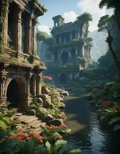 unreal engine 5 render, jungle, river, flowers, ancient ruins, extremely detailed, colorful
