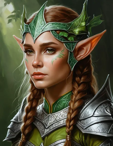 oil painting of young elf woman, perfect face, high detailed elf armor, dramatic, extremely detailed, intricate, elegant