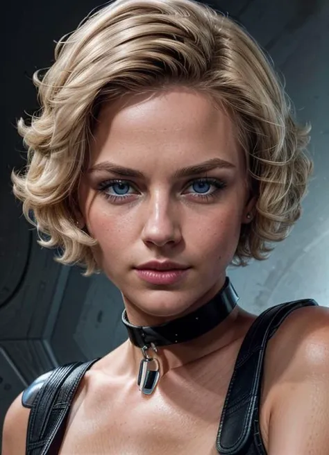 (realistic:1.3), face portrait of <lora:SvetlaSlug:0.99> SvetlaSlug, 1girl, solo, short hair, blue eyes, blonde hair, choker, collarbone, black bodysuit, (detailed eyes), detailed lips, detailed face, perfect symmetry, (8k, high quality, shot on Hasselblad X1D II Digital), cleavage, <lora:epiCRealismHelper:0.99>, <lora:add_detail:1>