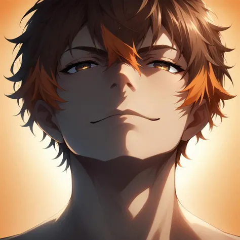 eclipsefaces, portrait, solo, dim, orange backlighting, ad-caio, brown hair, brown eyes, two-tone hair, orange hair, smirk, orange background
,score_9, score_8_up, score_7_up, score_6_up, score_5_up, score_4_up,