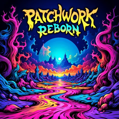 A strange, dream-like landscape stretches out in all directions, filled with vibrant, swirling colors and organic, fluid shapes. The ground is a pulsating patchwork of vivid, shifting patterns, while bizarre rock formations and twisting, surreal trees rise toward a glowing, neon sky. The atmosphere is groovy and psychedelic, with the feeling of being inside a trippy hallucination. Across the horizon, the album title "Patchwork Reborn" appears in bold, funky lettering, its colors constantly shifting and flowing like liquid.
<lora:Phlux:0.4>,<lora:Painted_World_Flux:0.6>,<lora:fractal_psychedelic:0.6>,<lora:abstract_render_flux:0.6>,<lora:dreamlands_flux:0.4>,