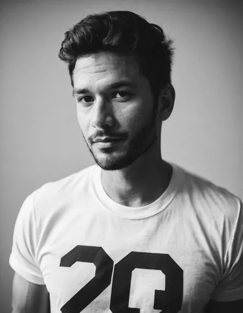 b&w, instagram photo, portrait photo of 28 y.o man, wearing t-shirt, perfect face, natural skin, film grain