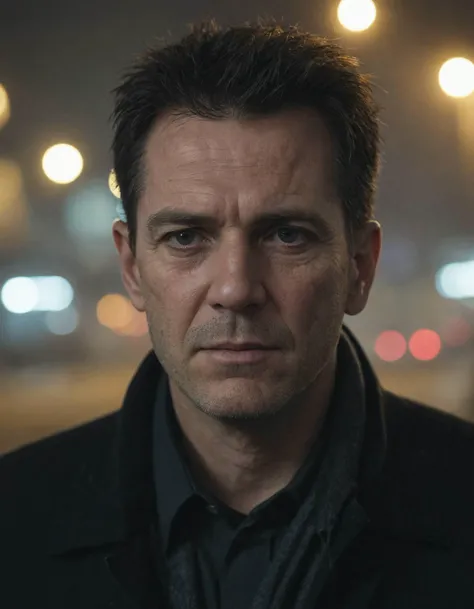 city street, neon, fog, volumetric, closeup photo of 50 y.o man in dark clothes, serious face