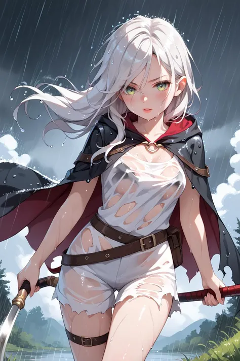 1woman, white hair, long hair, evil demonic necromancer, wielding a scythe, dark medieval fantasy setting, magic in the air, black hooded cloak over torn clothing, <lora:Rain (pony) v1:1> heavy-rain, rain, wet, cloudy, dark, wet clothes, wet hair, cowboy shot,, score_9, score_8_up, score_7_up, score_6_up, score_5_up, score_4_up, <lora:040790P:0.4> 040790P, woman, 24 years old,