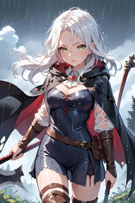 1woman, white hair, long hair, evil demonic necromancer, wielding a scythe, dark medieval fantasy setting, magic in the air, black hooded cloak over torn clothing, <lora:Rain (pony) v1:1> heavy-rain, rain, wet, cloudy, dark, wet clothes, wet hair, cowboy shot,, score_9, score_8_up, score_7_up, score_6_up, score_5_up, score_4_up, <lora:040790P:0.4> 040790P, woman, 24 years old,