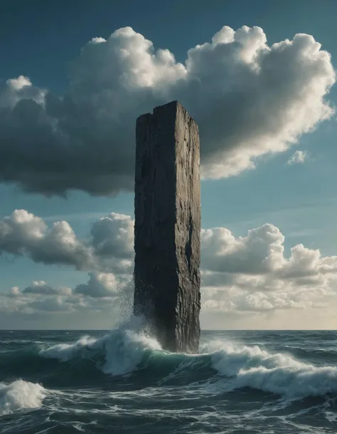 still, ocean, clouds, hovering monolith, particles, epic, film grain