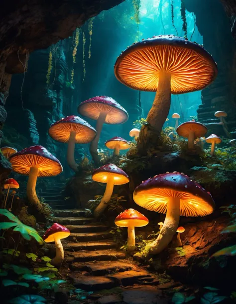 underground ancient city, glowing mushrooms, breathtaking, vibrant, magic, fantasy
