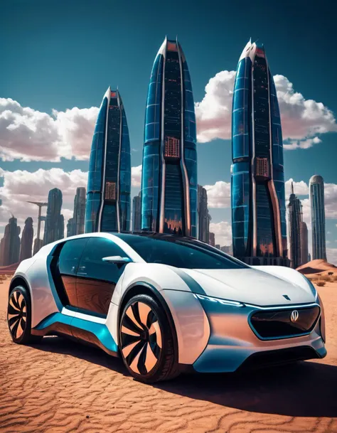 extremely detailed, sci-fi, cinematic photo, futuristic design of electro car, majestic, desert city, skyscrapers, perfect lighting, clouds, vibrant, film grain
