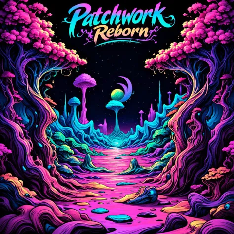 A strange, dream-like landscape stretches out in all directions, filled with vibrant, swirling colors and organic, fluid shapes. The ground is a pulsating patchwork of vivid, shifting patterns, while bizarre rock formations and twisting, surreal trees rise toward a glowing, neon sky. The atmosphere is groovy and psychedelic, with the feeling of being inside a trippy hallucination. Across the horizon, the album title "Patchwork Reborn" appears in bold, funky lettering, its colors constantly shifting and flowing like liquid.
<lora:Phlux:0.4>,<lora:Painted_World_Flux:0.6>,<lora:fractal_psychedelic:0.6>,<lora:abstract_render_flux:0.6>,<lora:dreamlands_flux:0.4>,