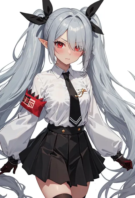 best quality, masterpiece, highres, solo, (iori_bluearchive:1.10), 1girl, black necktie, black skirt, long sleeves, white shirt, collared shirt, looking at viewer, black gloves, blush, closed mouth, pleated skirt, black ribbon, black socks, simple background, white background, red armband, 12 <lora:iori_bluearchive:0.80>