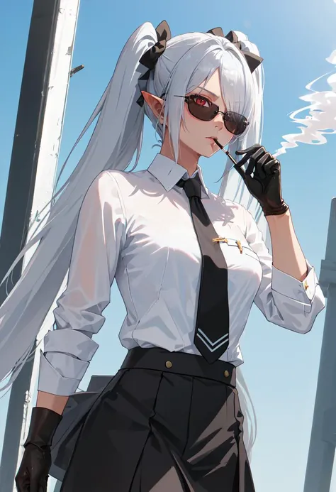 best quality, masterpiece, highres, solo, (specter_arknights:1.10), (black business suit:1.40), (tie:1.20), (sunglasses:1.25), (white gloves:1.15), (white shirt:1.10), (black skirt:1.15), (smoking:1.20), handsome, 27 <lora:specter_arknights:0.80>