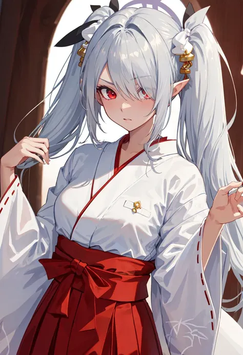 Anime girl with long white hair and red dress holding a knife - SeaArt AI