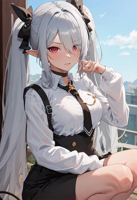 1girl, ((medium-small breasts)), standing, (emotionless:1.6), (thin eyebrows:-1), (hair over one eye:1.6), ((long ponytail), (straight hair:1.4), ((silver hair)), (medium hair:1.2), (pointy ears), (black button up shirt)), ((black pants)), (black blindfolds:1.5), (harness:1.3), (short sleeves:1.3), cowboy shot, (close up:1.1), masterpiece,