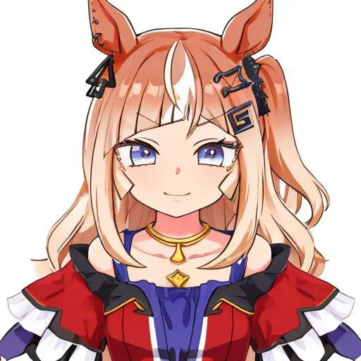 espoir_city(umamusume) , 1girl , standing , evil smile , laughing , hair ornament, multicolored hair, kanikama,  mesugaki , young girl , upper body , red clothes, neckless