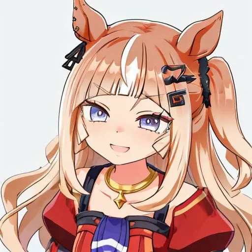 espoir_city(umamusume) , 1girl , standing , evil smile , laughing , hair ornament, multicolored hair, kanikama, mesugaki , young girl , upper body , red clothes, neckless
