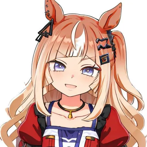 espoir_city(umamusume) , 1girl , standing , evil smile , laughing , hair ornament, multicolored hair, kanikama, mesugaki , young girl , upper body , red clothes, neckless
