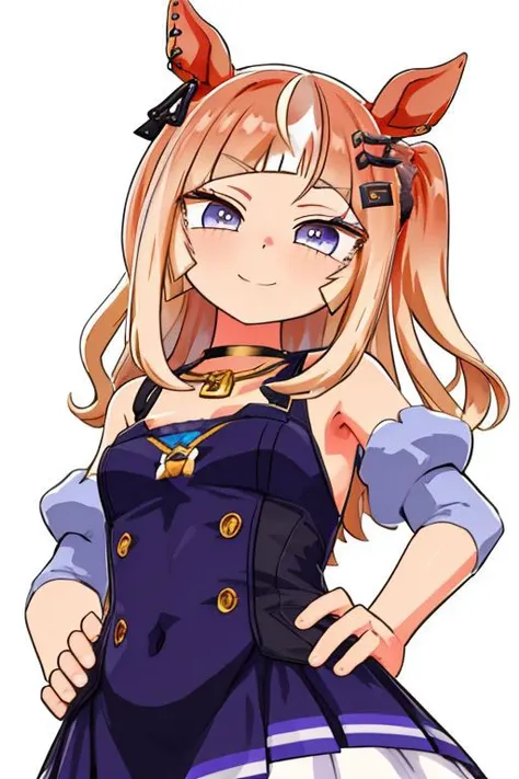 espoir_city(umamusume) , 1girl , standing , (evil smile ) ,hair ornament, multicolored hair, asanagi ,  navel ,horse ears , simple background , young girl , upper body , neckless, from below, kanikama , 1 girl