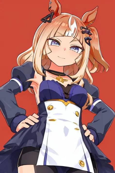 espoir_city(umamusume) , 1girl , standing , (evil smile ) ,hair ornament, multicolored hair, upper body , neckless, from below, kanikama , navel ,horse ears , simple background , young girl , skin