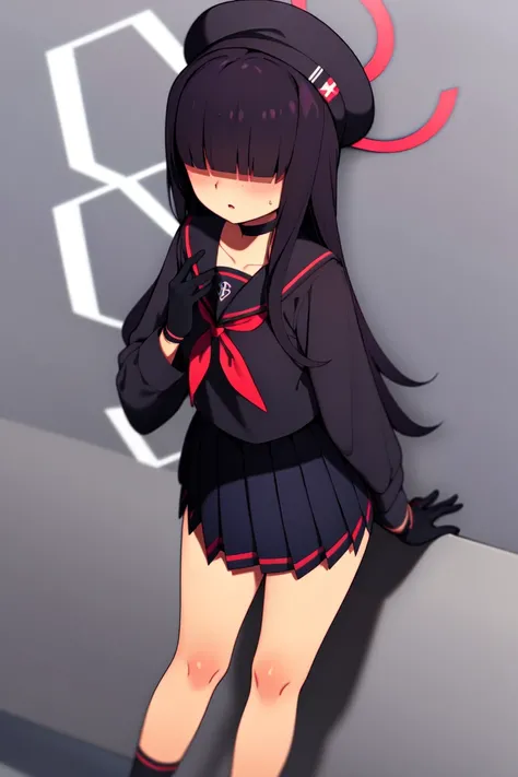 masterpiece, best_quality, 1girl, solo, justice committee club member \(blue archive\), blue archive, black hair, blunt bangs, black choker, black gloves, black headwear, black serafuku, black shirt, black skirt, black socks, hair over eyes, metata