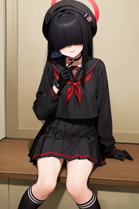 masterpiece, best_quality, 1girl, solo, justice committee club member \(blue archive\), blue archive, black hair, blunt bangs, black choker, black gloves, black headwear, black serafuku, black shirt, black skirt, black socks, hair over eyes, goth