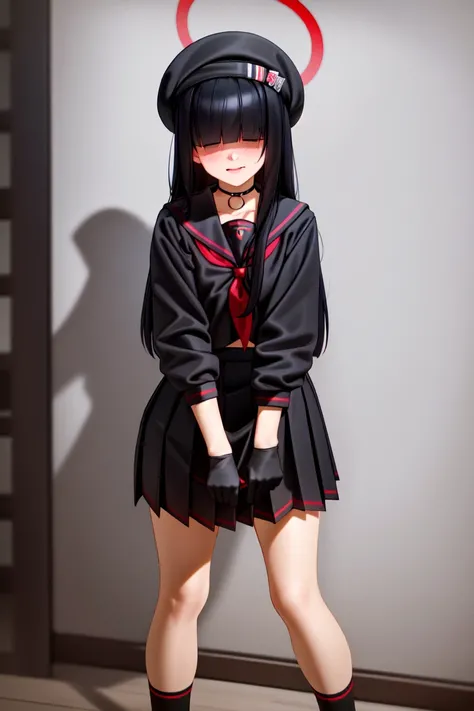 masterpiece, best_quality, 1girl, solo, justice committee club member \(blue archive\), blue archive, black hair, blunt bangs, black choker, black gloves, black headwear, black serafuku, black shirt, black skirt, black socks, hair over eyes, kairunoburogu,