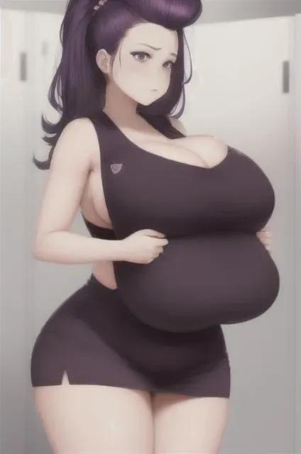 <lora:extraBreasts_v024:1>((huge boobs)), (((fat))),, masterpiece, best quility, high_quality, locker room, dress flower, clothes down, Worried, breast hold, mature female, pompadour, purple hair, chocolate skin