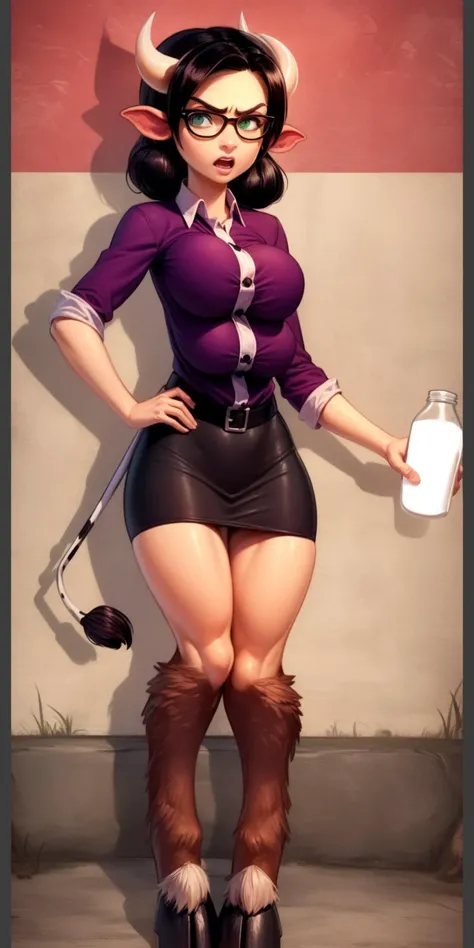 (masterpiece, best quality, high quality illustration, 1girl, solo:1.1), (miss pauling:1.4) as a cow girl, (green eyes, glasses, purple shirt, pencil skirt:1.2), (standing in front of viewer, angry, hand on hips, holding bottle of milk, looking at viewer:1.4), facing viewer, monster girl, cow, (cow ears, small short cow horns, pointy cow horns:1.4), (hooves, hooved legs:1.3), (digitigrade legs:1.3), (cow tail hanging down:1.3), (extra breasts:1.4) <lora:hoovedlegs:1> <lora:extraBreasts_v024:1>, (fully in view, huge breasts:1.4), <lora:misspauling-nvwls-v1-final:1>