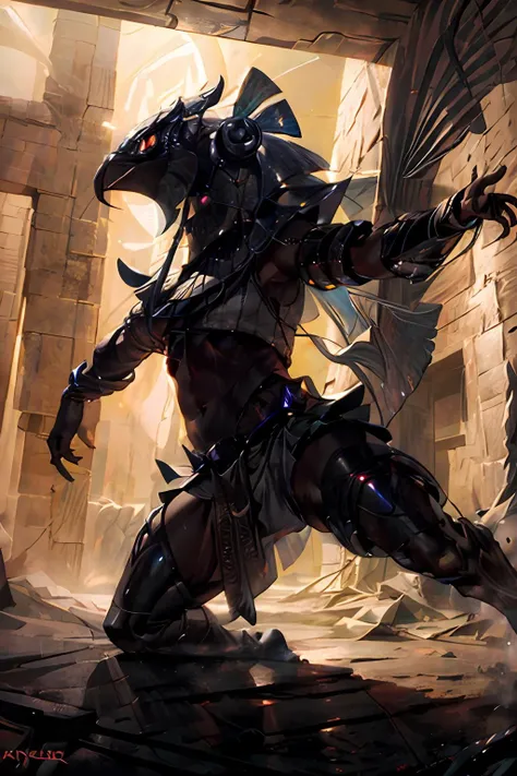 stargatehorus, warrior of horus, futuristic Egypt, glowing eye, ((dynamic pose, over the shoulder view)), solo, dark chamber, dim light muted color, realistic photorealistic depth of field, (masterpiece, best quality:1.3), stargate, <lora:stargateHorus:1>, <lora:add_detail:1>