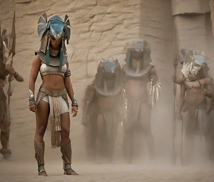 photo of beyonce as a muscular fit female <lora:stargateHorus-SDXL:1.0> stargateHorus in a eqyptian desert, mix of natural lighting and artificial lighting, cinematography by Karl Walter Lindenlaub, directed by Roland Emmerich, (photorealistic:1.2), (claws:1), big breasts,