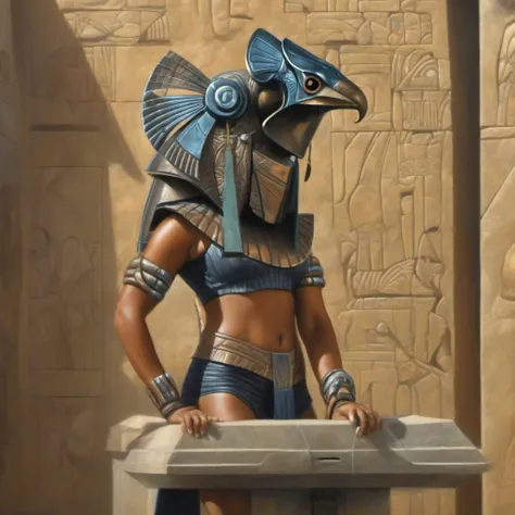 photorealistic oil painting of sexy beyonce as a muscular fit female (science fiction:1.2) <lora:stargateHorus-SDXL:1.0> stargateHorus wearing a (black:1.2) metal helmet and (cybersuit:1.2) catsuit armor (on top of a sarcophagus:1.4) inside an eqyptian tomb,