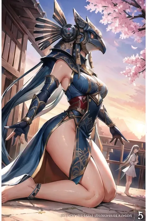 (masterpiece), (highest quality), high quality, cute, detailed face and eyes, intricate, highly detailed, dynamic angle, dynamic pose, golden ratio,
anatomically correct, 5 fingers, solo, official art, character design, concept art, highly detailed, illustration digital art, digital painting, evening,
1girl, full body, outdoors, looking away, (horus helmet:0.9), face visible through helmet,
sakura garden,
oriental dress, samurai armor,
smile , bare legs, barefoot , pale skin <lora:stargateHorus_10:0.5>