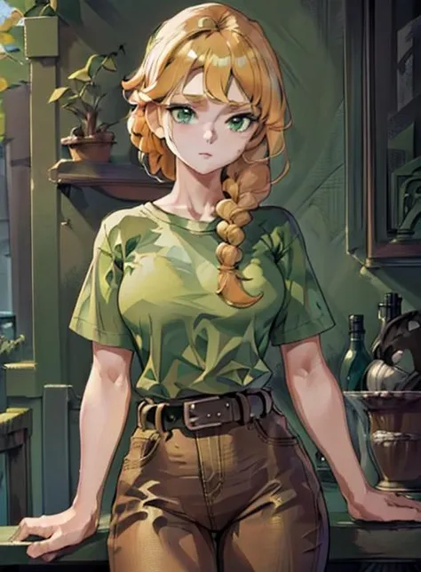 best quality, (masterpiece),(ultra-detailed), (high quality), (high resolution), <lora:add_detail:0.5>, <lora:alexmc:0.7>,alex, green shirt, belt, braid,