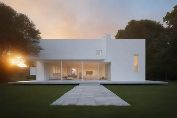 ((Best quality)), ((masterpiece)), ((realistic)), Meier_white_house, architecture, outdoors, photo realistic, hyperrealistic, orante, super detailed, intricate, dramatic, sunset lighting, shadows, high dynamic range, <lora:Meier_white_house-000005:0.7>